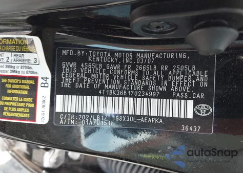 2007 Toyota Avalon Limited from USA, damaged, VIN 4T1BK36B17U234997